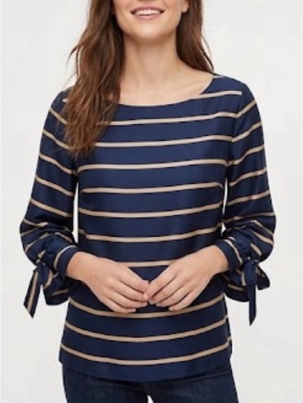Banana Republic Navy and Tan Striped Tie-Sleeve Blouse